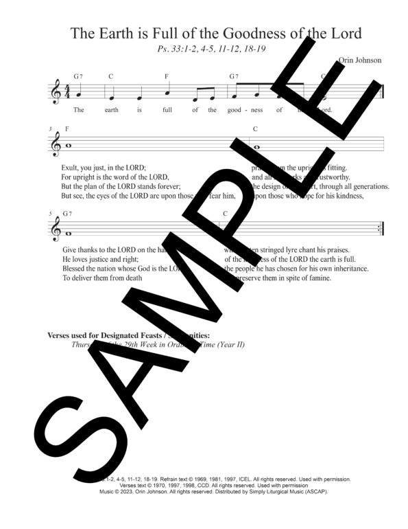 Sample Psalm 33 The Earth is Full of the Goodness of the Lord Johnson Lead Sheet Orin Johnson1