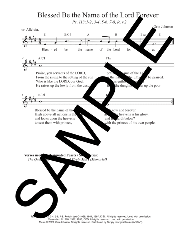 Sample Psalm 113 Blessed Be the Name of the Lord Forever Johnson Lead Sheet1